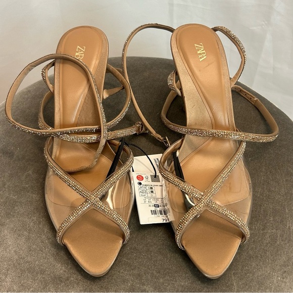 Womens Sandals Heeled Sandals With Rhinestone Straps Zara Zara Heeled Sandals With Rhinestone Straps Women's Size 37 NWT $119